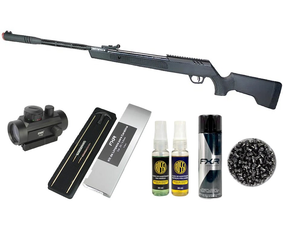 Carabina de Pressão Artemis Dark Eagle Nitro Piston GR 80kg 6,35mm Black - FXR + Red Dot 1x30 + Chumbo + Kit de Limpeza + Desengripante / Anticorrosivo + Kit Fluidos