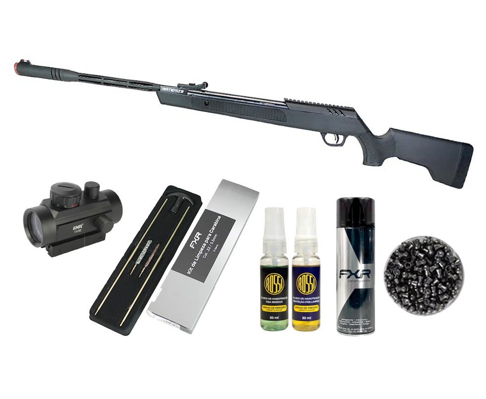 Carabina de Pressão Artemis Dark Eagle Nitro Piston GR 80kg 6,35mm Black - FXR + Red Dot 1x30 + Chumbo + Kit de Limpeza + Desengripante / Anticorrosivo + Kit Fluidos