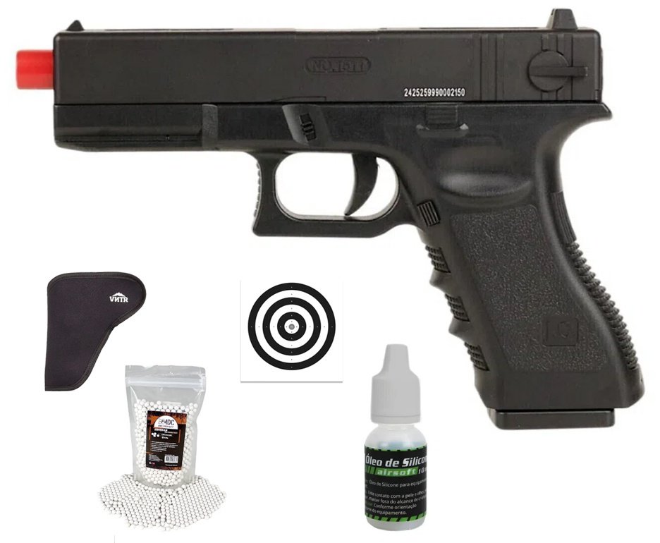 Pistola de Airsoft Glock CBT G17 Slide Metal Spring 6mm - Combat + Alvos + BBS + Coldre + Óleo de Silicone