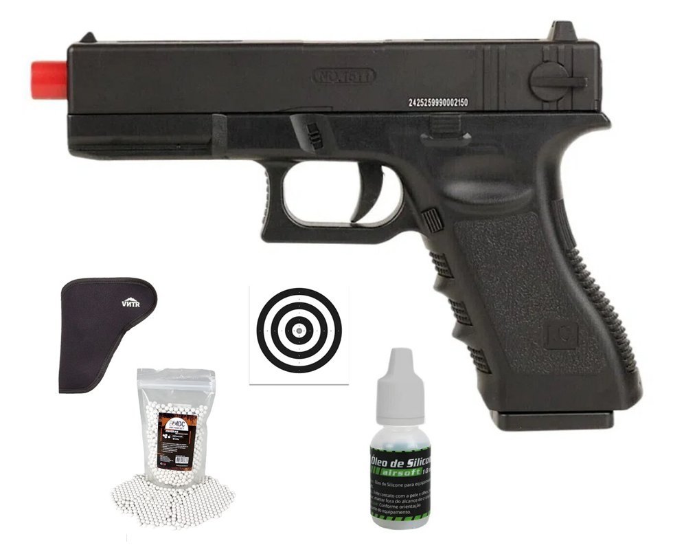 Pistola de Airsoft Glock CBT G17 Slide Metal Spring 6mm - Combat + Alvos + BBS + Coldre + Óleo de Silicone