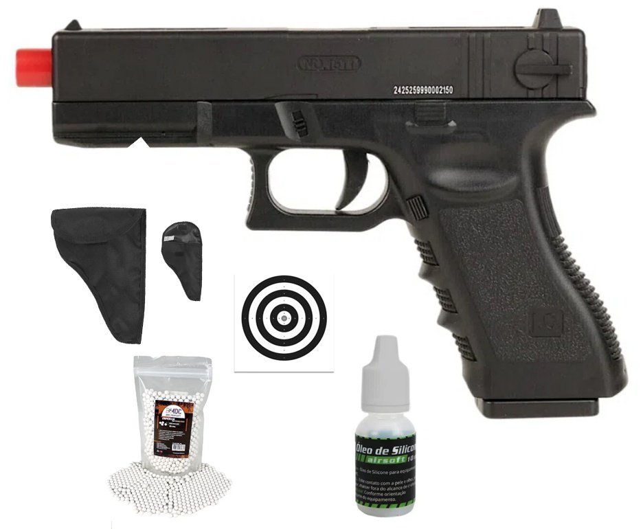 Pistola de Airsoft Glock CBT G17 Slide Metal Spring 6mm - Combat + Alvos + BBS + Óleo de Silicone + Coldre/Capa