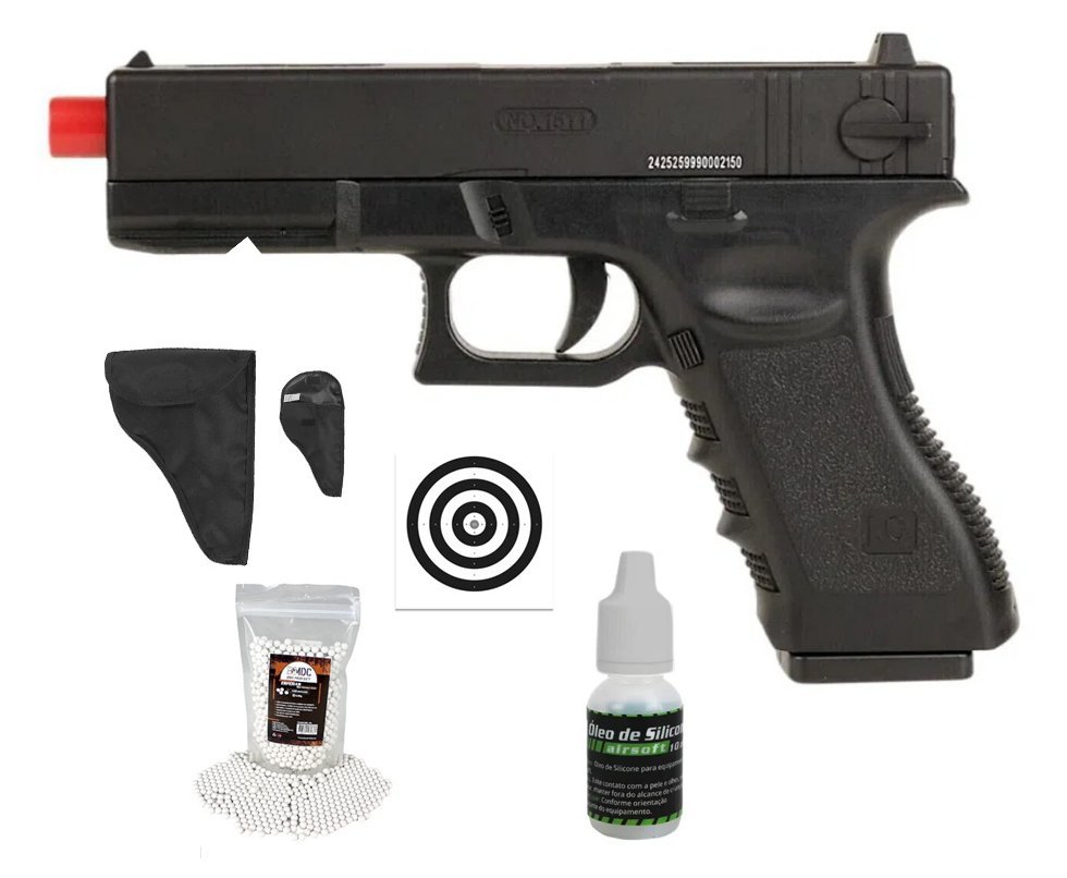 Pistola de Airsoft Glock CBT G17 Slide Metal Spring 6mm - Combat + Alvos + BBS + Óleo de Silicone + Coldre/Capa