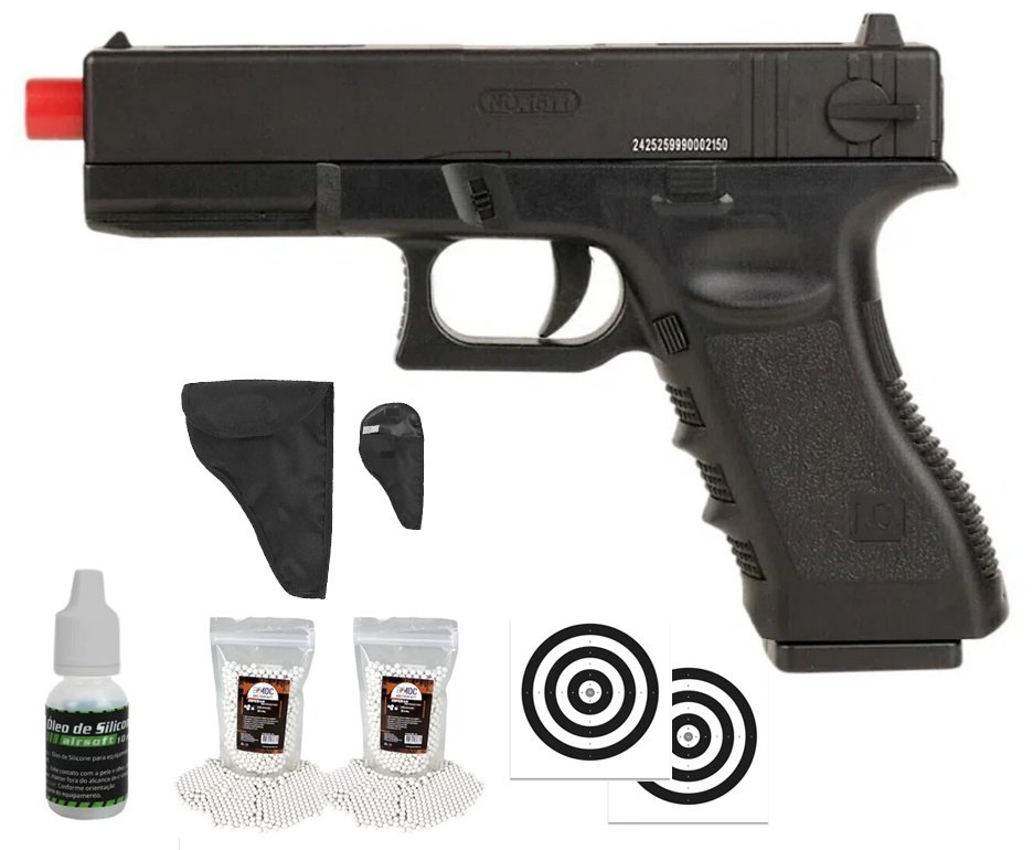 Pistola de Airsoft Glock CBT G17 Slide Metal Spring 6mm - Combat + BBS + Alvos + Óleo de Silicone + Coldre/Capa