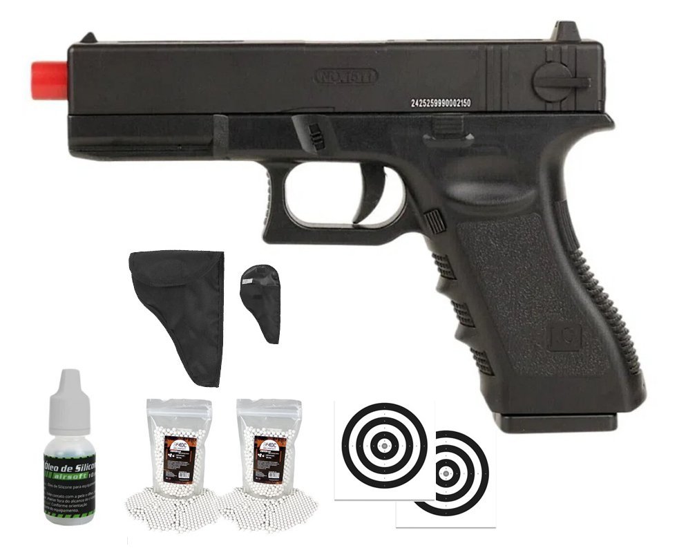 Pistola de Airsoft Glock CBT G17 Slide Metal Spring 6mm - Combat + BBS + Alvos + Óleo de Silicone + Coldre/Capa