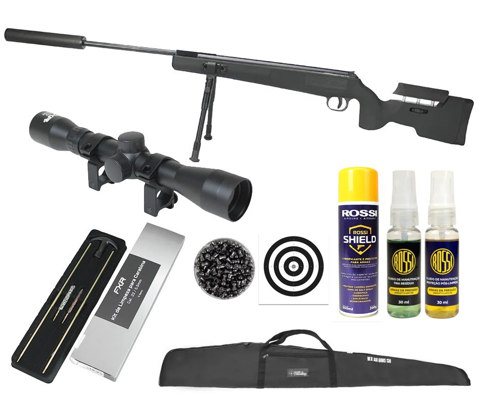 Carabina De Pressão Eagle Black 1250 Sniper Gas Ram 70kg 5.5mm SPA Gold Cup + Capa + Chumbo + Luneta 4x32 + Alvos + Kit de Limpeza + Desengripante + Kit Fluidos