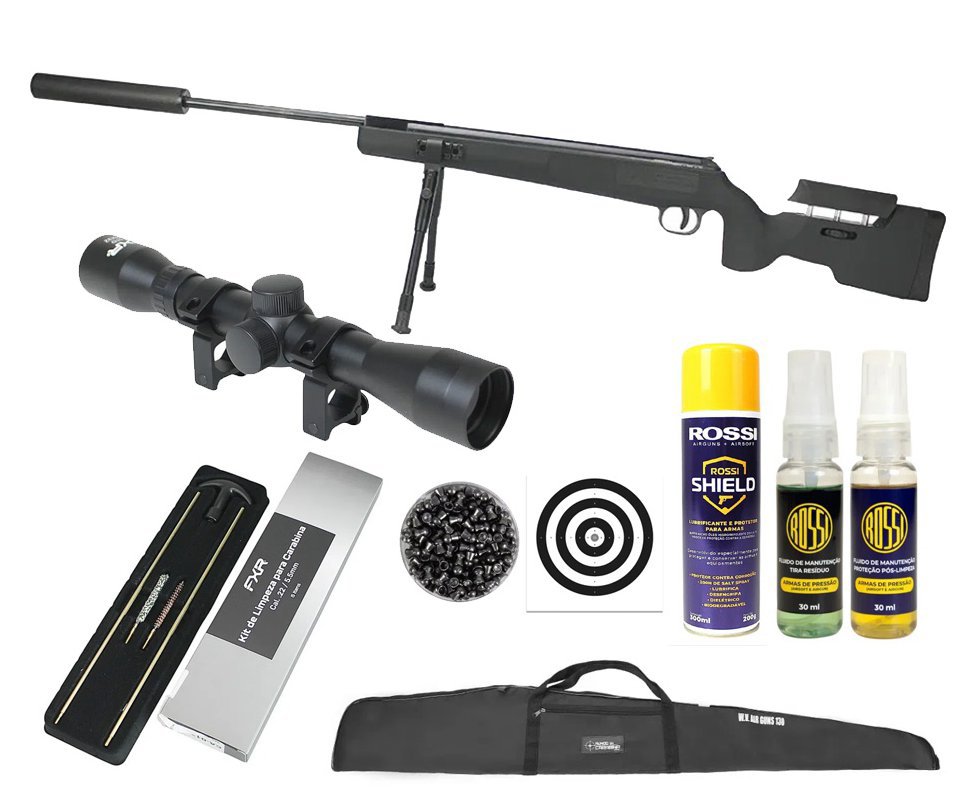 Carabina De Pressão Eagle Black 1250 Sniper Gas Ram 70kg 5.5mm SPA Gold Cup + Capa + Chumbo + Luneta 4x32 + Alvos + Kit de Limpeza + Desengripante + Kit Fluidos