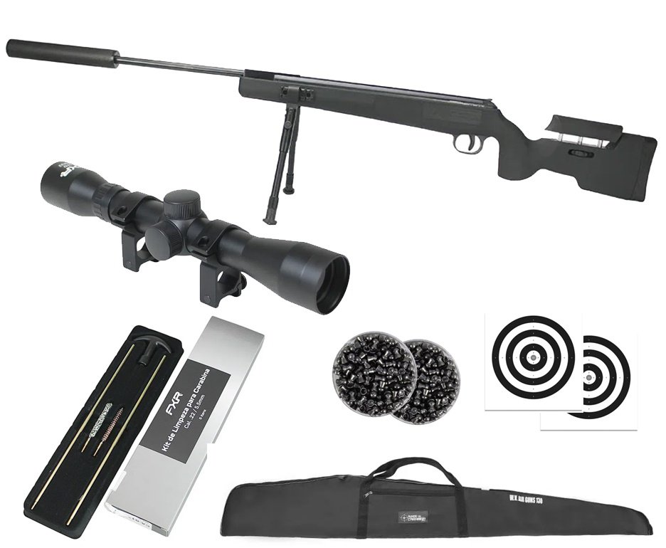 Carabina De Pressão Eagle Black 1250 Sniper Gas Ram 70kg 5.5mm SPA Gold Cup + Capa + Chumbo + Luneta 4x32 + Alvos + Kit de Limpeza