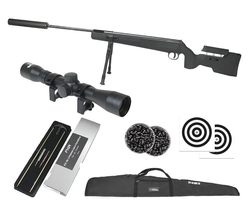 Carabina De Pressão Eagle Black 1250 Sniper Gas Ram 70kg 5.5mm SPA Gold Cup + Capa + Chumbo + Luneta 4x32 + Alvos + Kit de Limpeza