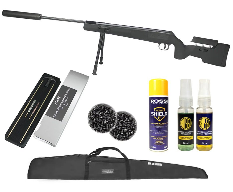 Carabina De Pressão Eagle Black 1250 Sniper Gas Ram 70kg 5.5mm SPA Gold Cup + Capa + Chumbo + Kit de Limpeza + Desengripante + Kit Fluidos