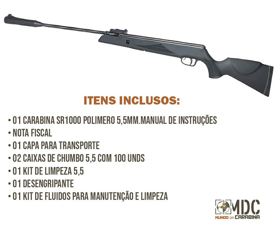 Carabina Pressão SR1000 Nitro GR 70kg Black Hawk 5.5mm SPA Gold Cup + Capa + Chumbo + Kit de Limpeza + Desengripante + Kit Fluidos