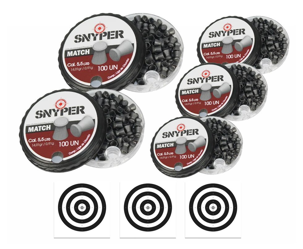 Kit 5 Cx Chumbinho Snyper Match 5,5mm Precisão + Alvos