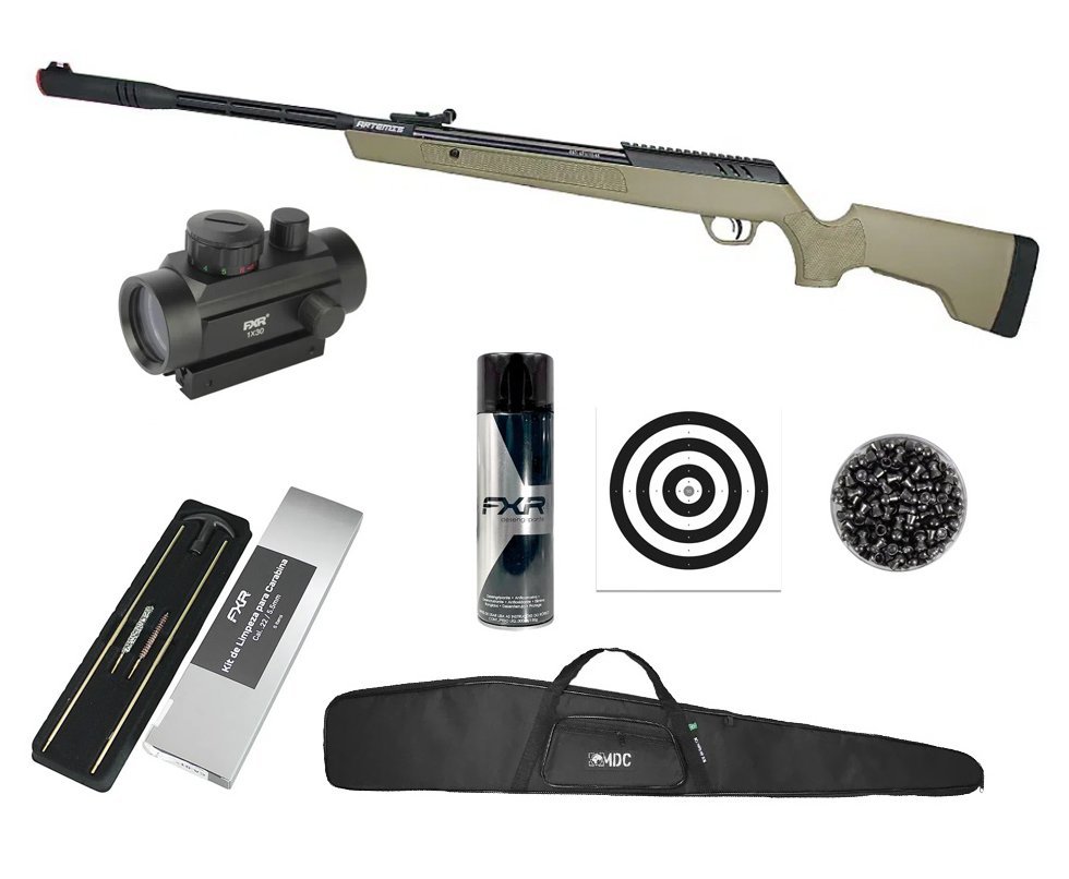 Carabina de Pressão Artemis Dark Eagle Nitro Piston GR 80kg Tan 5.5mm - FXR + Capa + Red Dot 1x30 + Chumbo + Alvos + Kit de Limpeza + Desengripante / Anticorrosivo