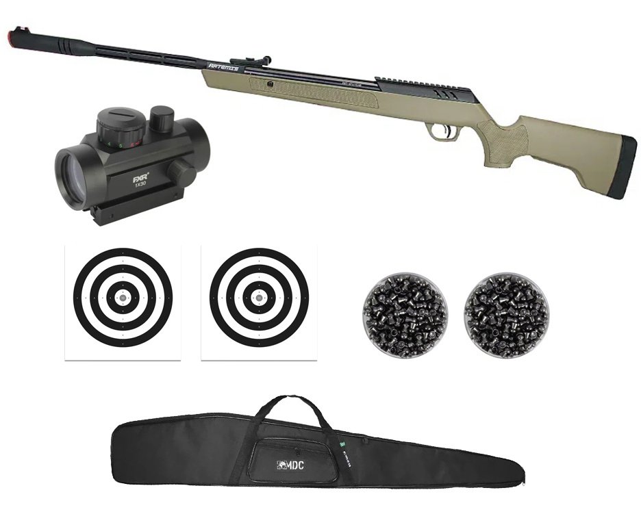 Carabina de Pressão Artemis Dark Eagle Nitro Piston GR 80kg Tan 5.5mm - FXR + Capa + Red Dot 1x30 + Chumbo + Alvos