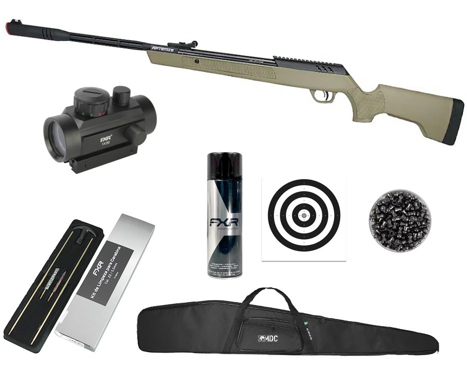 Carabina de Pressão Artemis Dark Eagle Nitro Piston GR 80kg Tan 6,35mm - FXR + Capa + Red Dot 1x30 + Chumbo + Alvos + Kit de Limpeza + Desengripante / Anticorrosivo