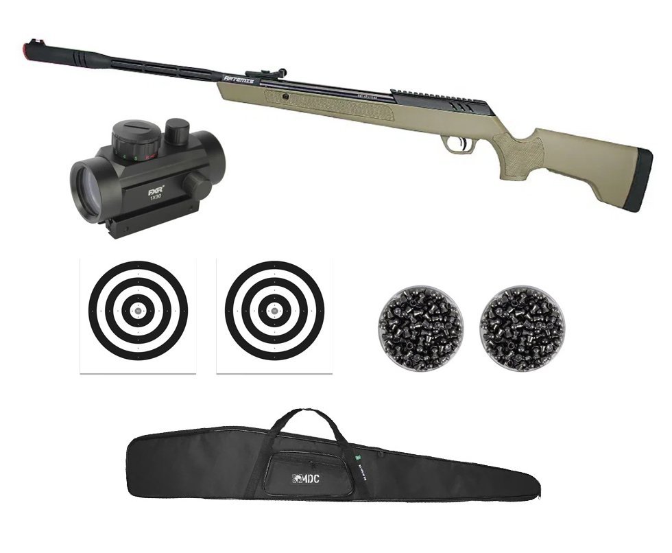 Carabina de Pressão Artemis Dark Eagle Nitro Piston GR 80kg Tan 6,35mm - FXR + Capa + Red Dot 1x30 + Chumbo + Alvos