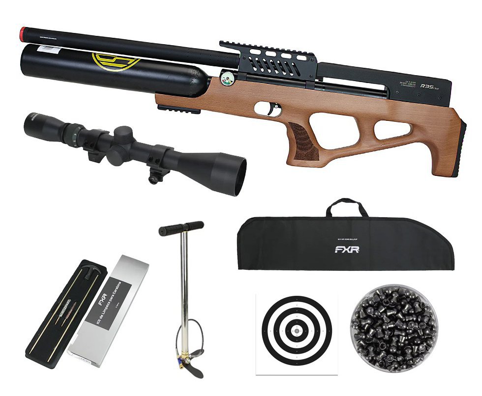 Carabina de Pressão Rossi PCP R35 VR Plus Bullpup Madeira 6,35mm + Cilindro 500cc + Bomba + Capa + Chumbo + Alvos + Luneta 3-9x40 + Kit de Limpeza