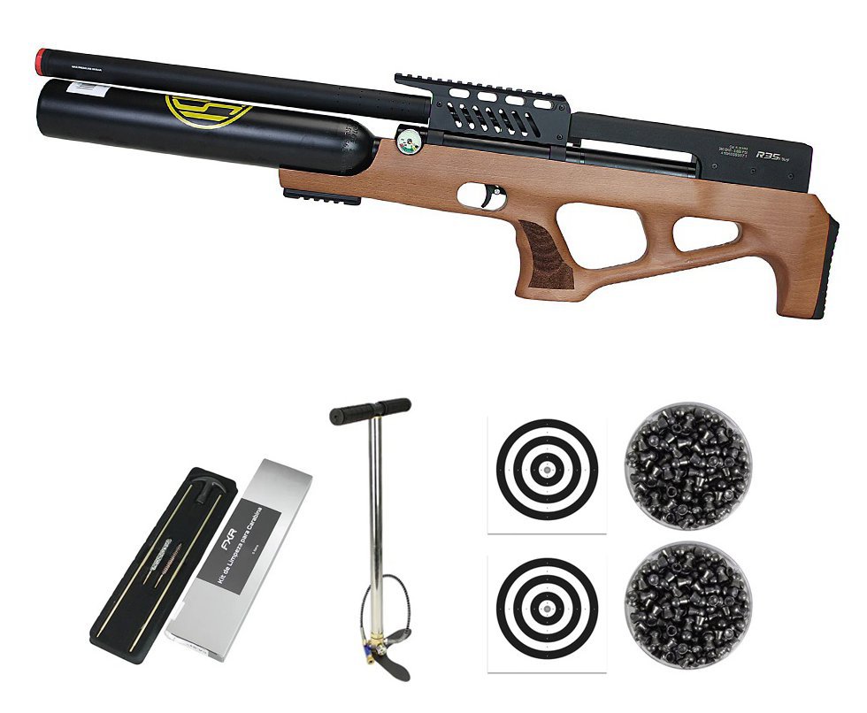 Carabina de Pressão Rossi PCP R35 VR Plus Bullpup Madeira 6,35mm + Cilindro 500cc + Bomba + Chumbo + Alvos + Kit de Limpeza