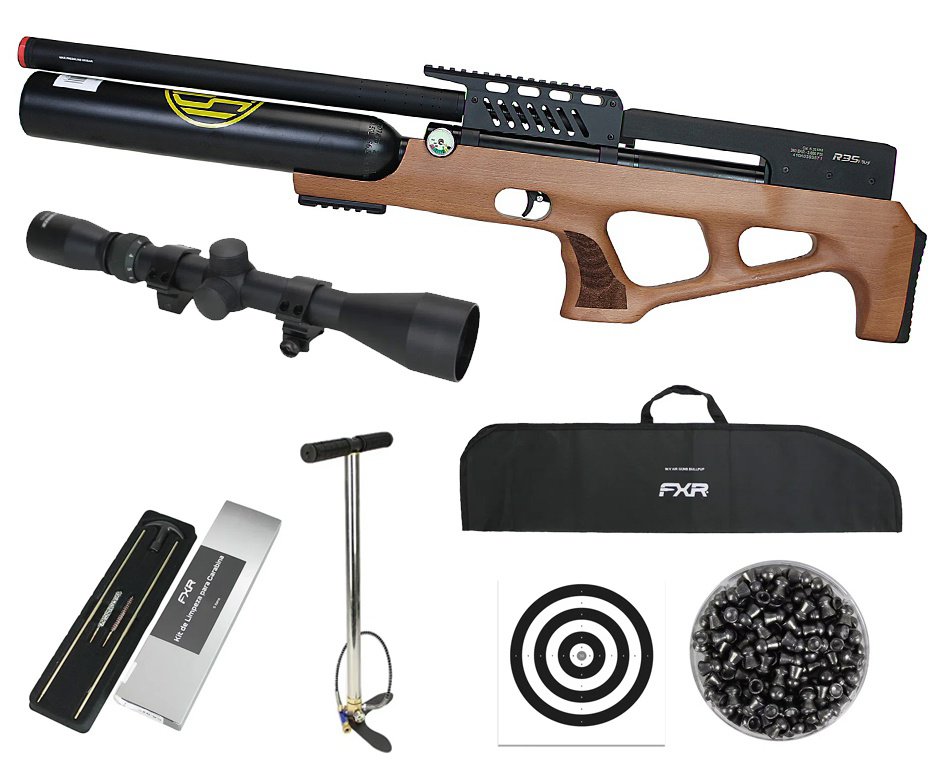 Carabina de Pressão Rossi PCP R35 VR Plus Bullpup Madeira 5,5mm + Cilindro 500cc + Bomba + Capa + Chumbo + Alvos + Luneta 3-9x40 + Kit de Limpeza