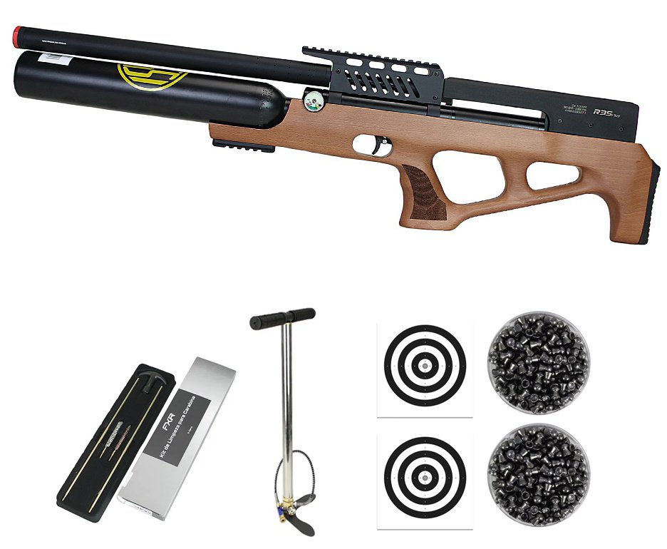 Carabina de Pressão Rossi PCP R35 VR Plus Bullpup Madeira 5,5mm + Cilindro 500cc + Bomba + Chumbo + Alvos + Kit de Limpeza