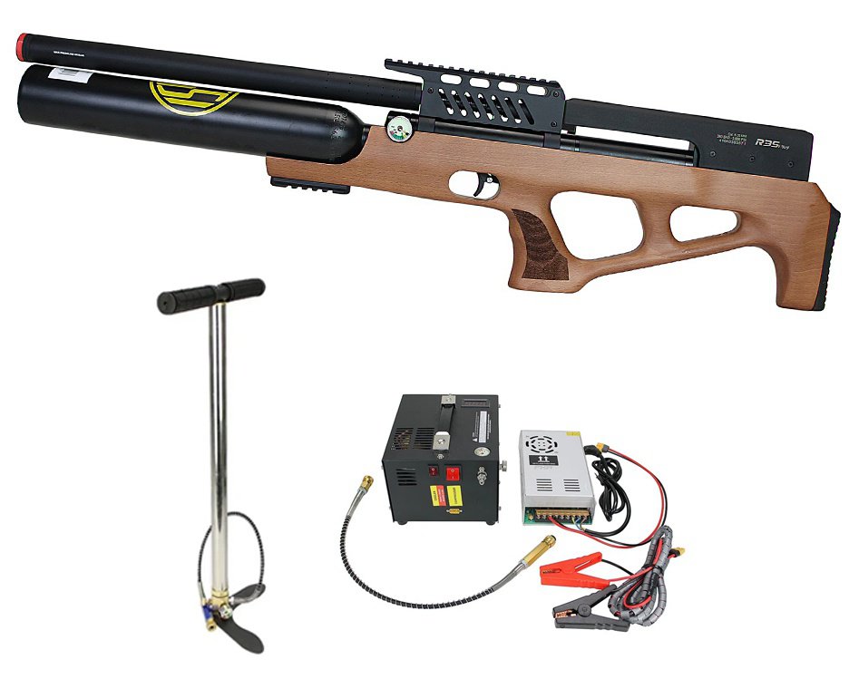 Carabina de Pressão Rossi PCP R35 VR Plus Bullpup Madeira 5,5mm + Cilindro 500cc + Compressor Portátil Trivolt Compact