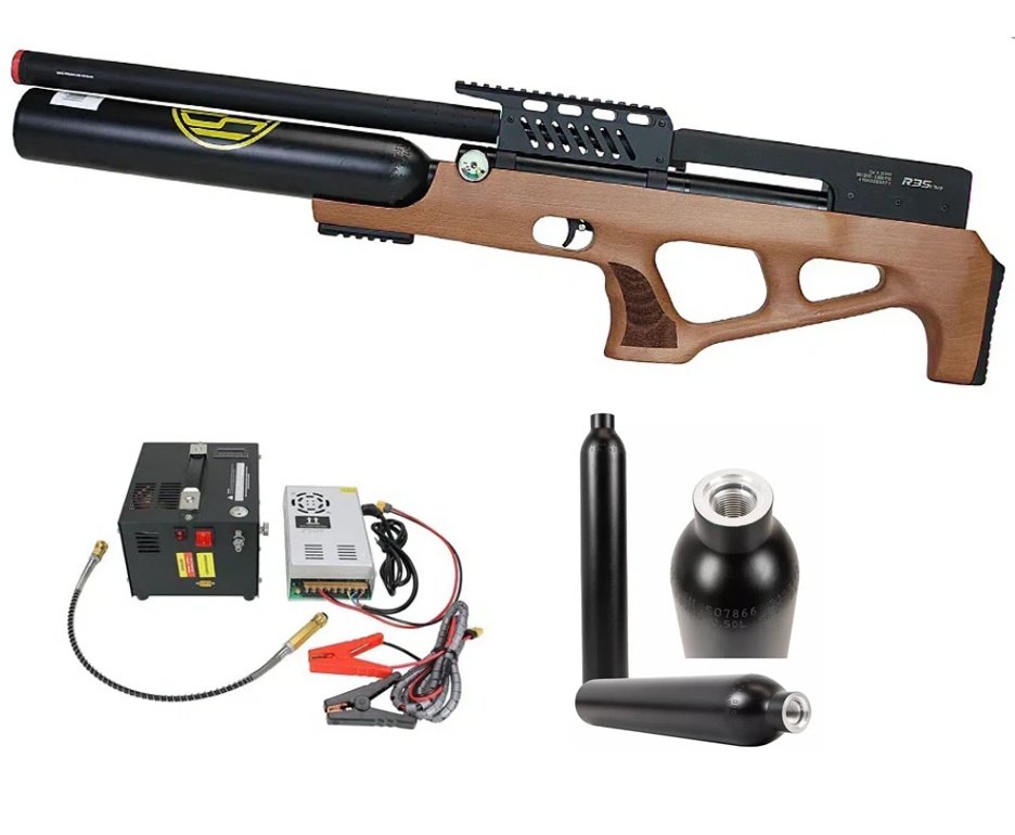 Carabina de Pressão Rossi PCP R35 VR Plus Bullpup Madeira 5,5mm + Cilindro 500cc + Compressor Portátil Trivolt Compact