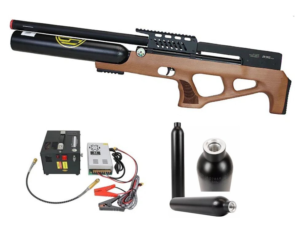 Carabina de Pressão Rossi PCP R35 VR Plus Bullpup Madeira 5,5mm + Cilindro 500cc + Compressor Portátil Trivolt Compact