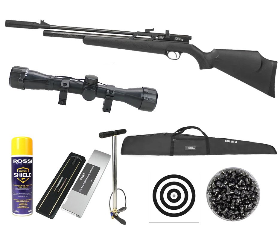 Carabina de Pressão Rossi PCP Dione VR Polímero 5,5mm + Bomba + Capa + Luneta 4x32 + Chumbo + Alvos + Kit de Limpeza + Desengripante