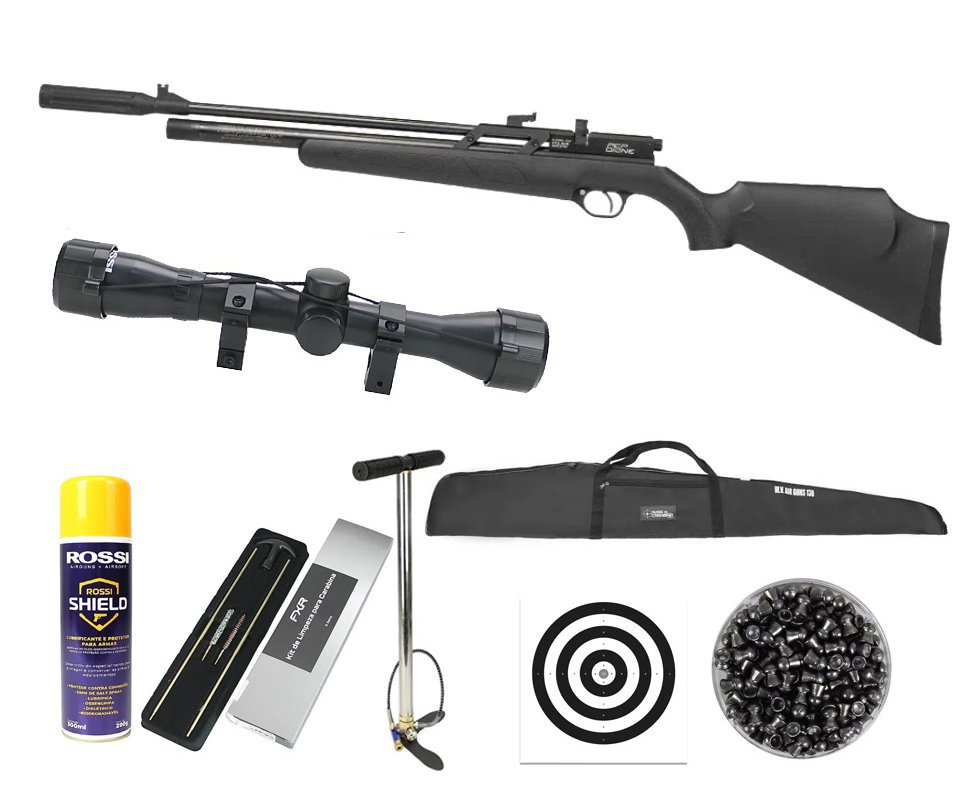 Carabina de Pressão Rossi PCP Dione VR Polímero 5,5mm + Bomba + Capa + Luneta 4x32 + Chumbo + Alvos + Kit de Limpeza + Desengripante