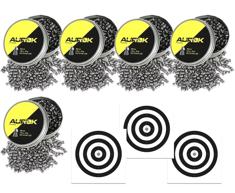 Kit 5 Cx Chumbinho Aurok Pointed 5,5mm com 250unid + Alvos