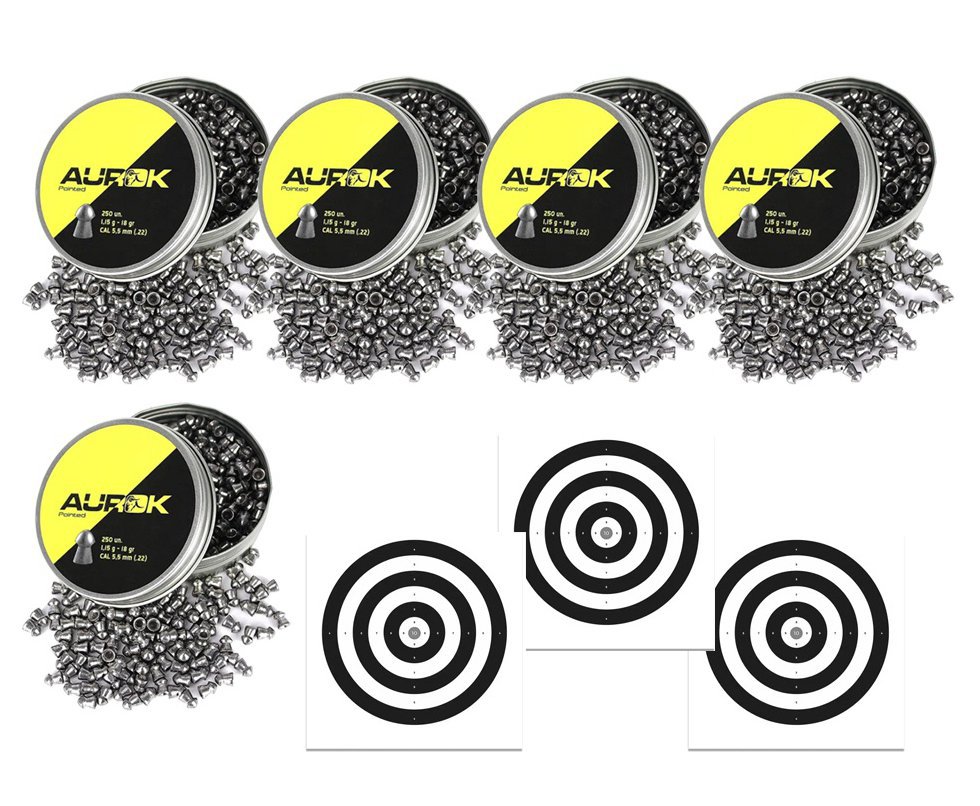 Kit 5 Cx Chumbinho Aurok Pointed 5,5mm com 250unid + Alvos