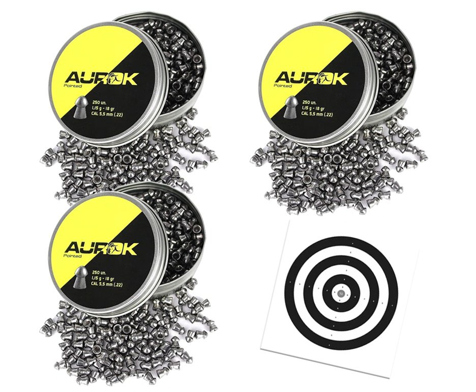 Kit 3 Cx Chumbinho Aurok Pointed 5,5mm com 250unid + Alvos