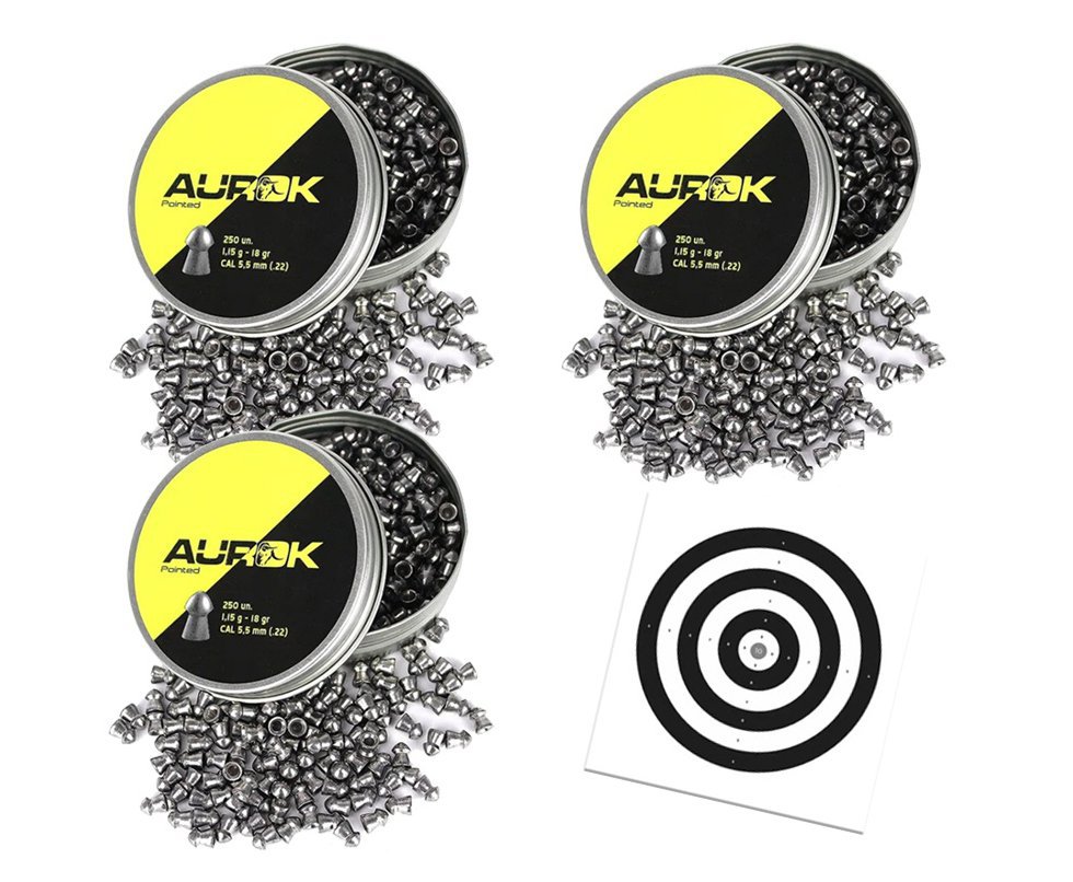 Kit 3 Cx Chumbinho Aurok Pointed 5,5mm com 250unid + Alvos