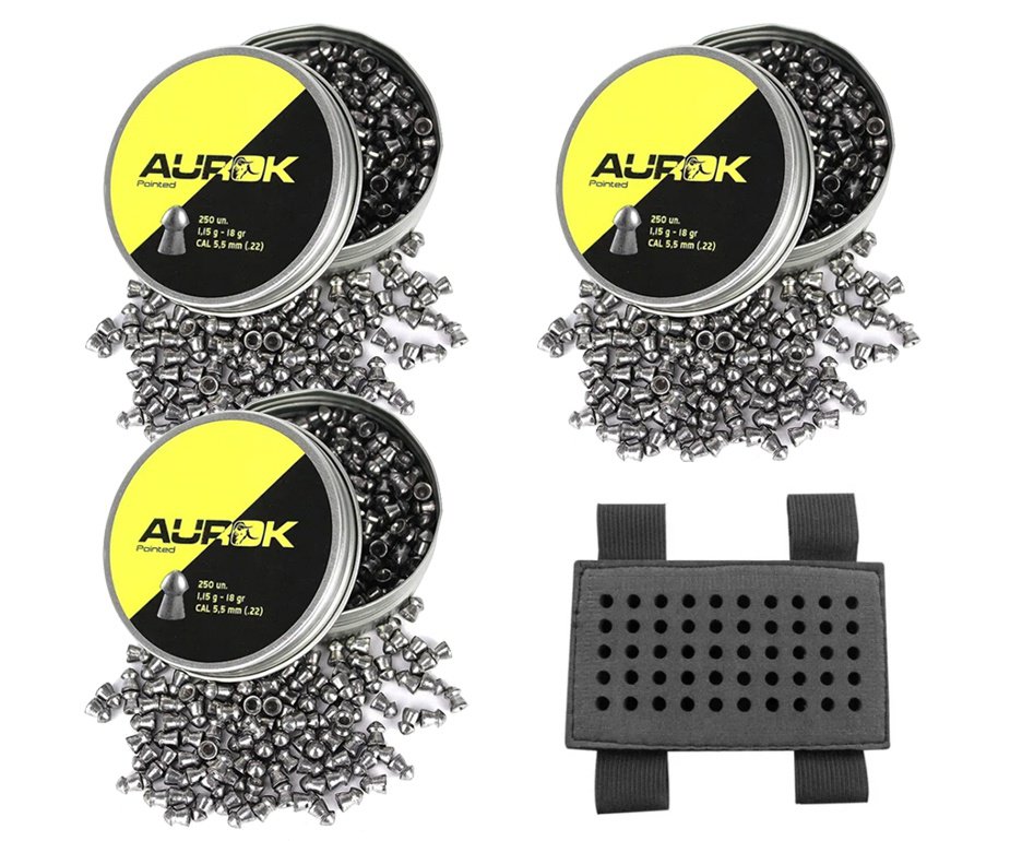 Kit 3 Cx Chumbinho Aurok Pointed 5,5mm com 250unid + Porta Chumbinho
