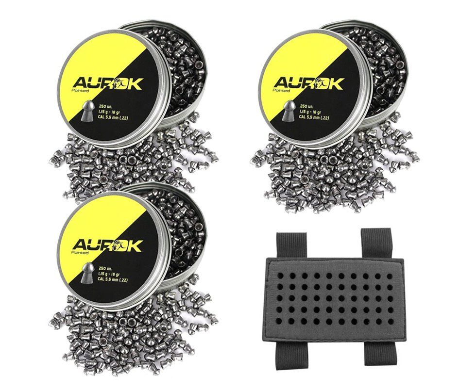 Kit 3 Cx Chumbinho Aurok Pointed 5,5mm com 250unid + Porta Chumbinho