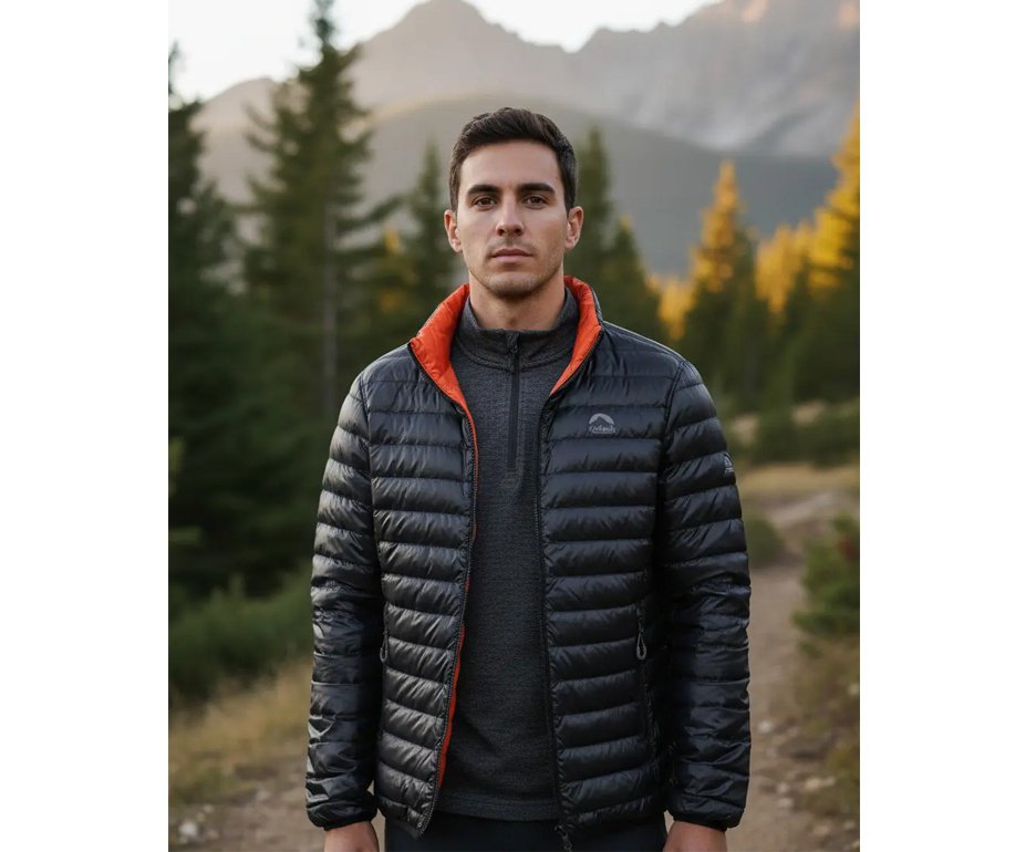 Jaqueta Puffer Kailash Dupla Face Pluma Ganso Masculina Preto/Laranja Escuro