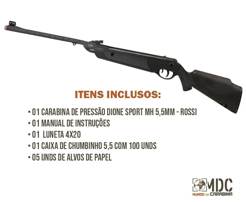Carabina de Pressão Rossi Dione Sport MH 5,5mm - Rossi + Luneta 4x20 + Chumbo + Alvos