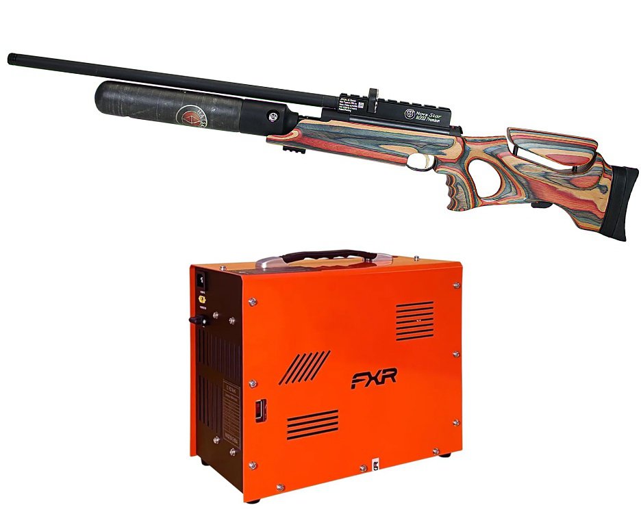 Carabina de Pressão PCP Hatsan Nova Star Premium Precision 6,35mm + Compressor ar para PCP Portátil Trivolt Auto Stop 2 Coolers 300Bar - FXR