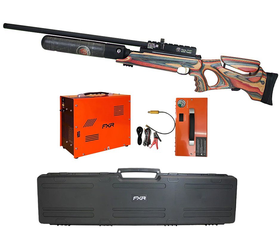 Carabina de Pressão PCP Hatsan Nova Star Premium Precision 6,35mm + Case Maleta Rígido + Compressor ar para PCP Portátil Trivolt Auto Stop 2 Coolers 300Bar - FXR