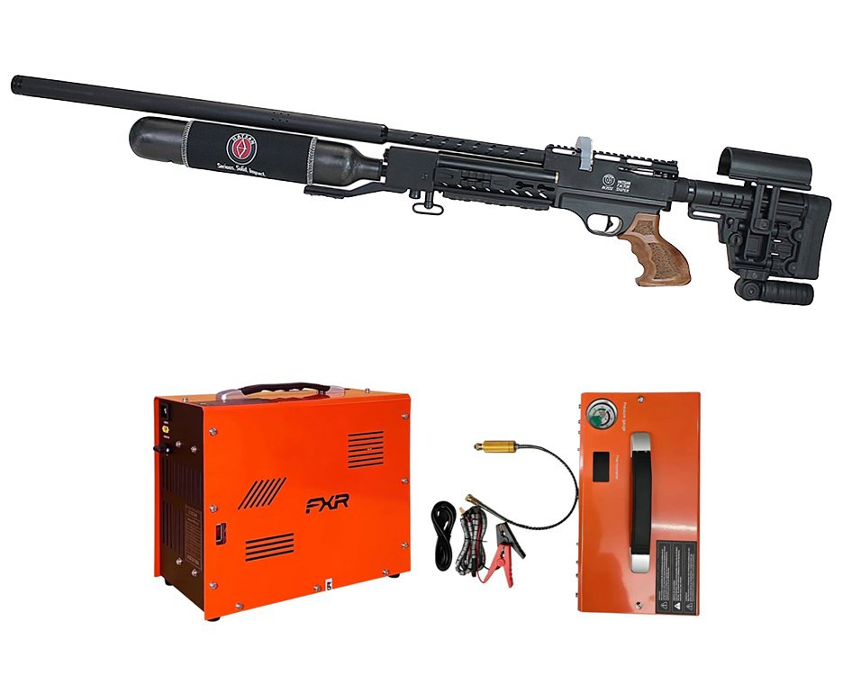 Carabina de Pressão PCP Hatsan Factor Sniper L 6,35mm + Compressor ar para PCP Portátil Trivolt Auto Stop 2 Coolers 300Bar - FXR