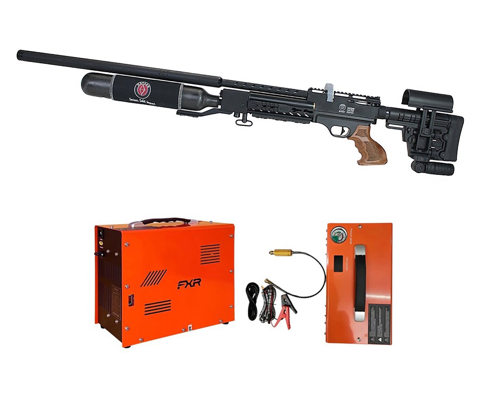 Carabina de Pressão PCP Hatsan Factor Sniper L 6,35mm + Compressor ar para PCP Portátil Trivolt Auto Stop 2 Coolers 300Bar - FXR