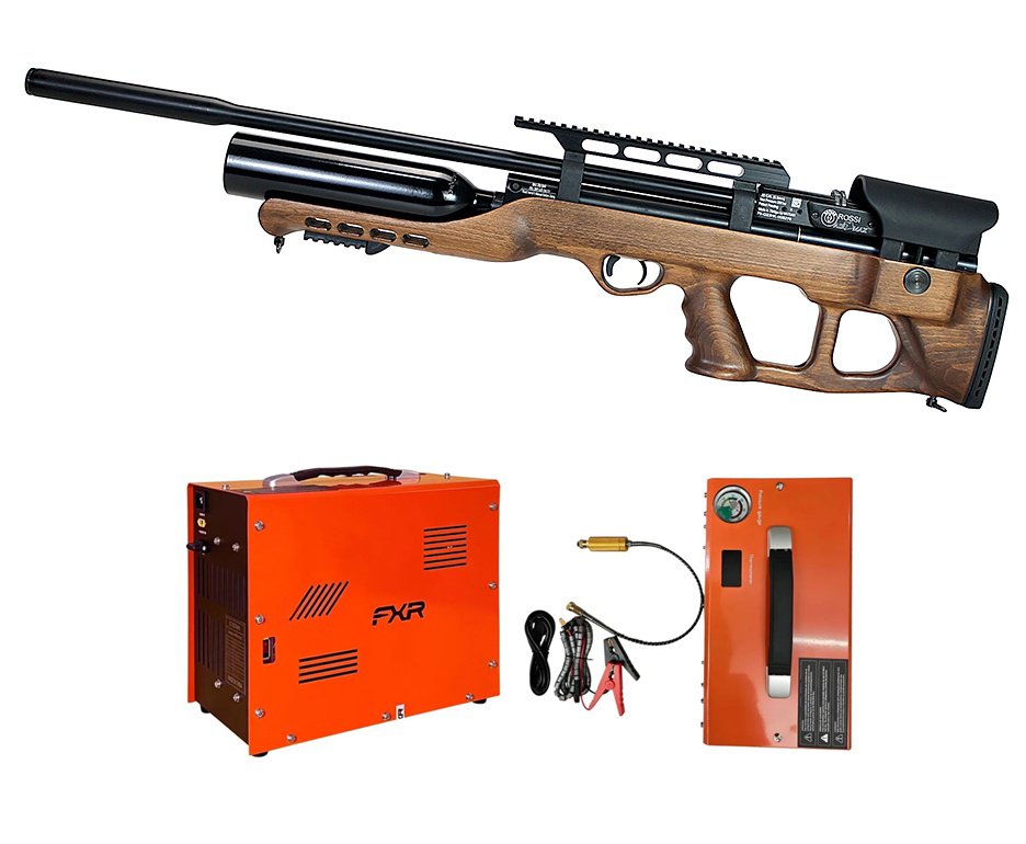 Carabina de Pressão PCP Hatsan Airmax Bullpup Madeira 5,5mm + Compressor ar para PCP Portátil Trivolt Auto Stop 2 Coolers 300Bar - FXR