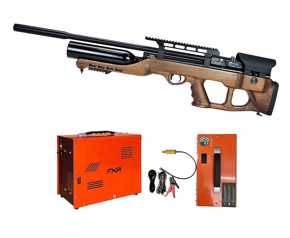 Carabina de Pressão PCP Hatsan Airmax Bullpup Madeira 5,5mm + Compressor ar para PCP Portátil Trivolt Auto Stop 2 Coolers 300Bar - FXR