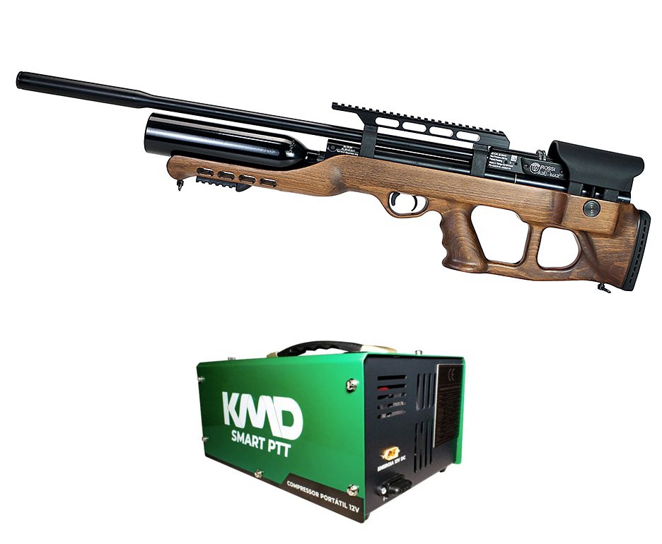 Carabina de Pressão PCP Hatsan Airmax Bullpup Madeira 5,5mm + Compressor de ar para PCP Compacto portátil 300BAR 110V/220V/12V SMART PTT KMD