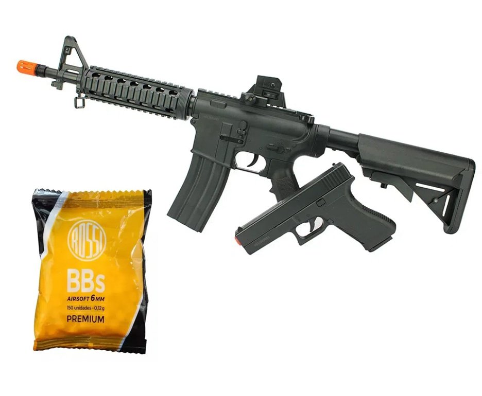 Kit Rifle M4 E Pistola V307 De Airsoft Vigor Vg Spring Rossi 6mm + munição BBs Rossi 0,12G