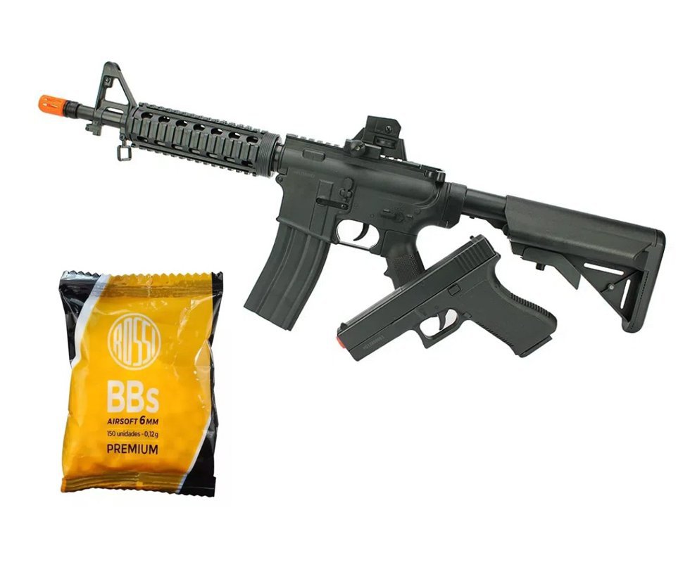 Kit Rifle M4 E Pistola V307 De Airsoft Vigor Vg Spring Rossi 6mm + munição BBs Rossi 0,12G