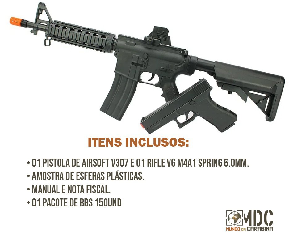 Kit Rifle M4 E Pistola V307 De Airsoft Vigor Vg Spring Rossi 6mm + munição BBs Rossi 0,12G