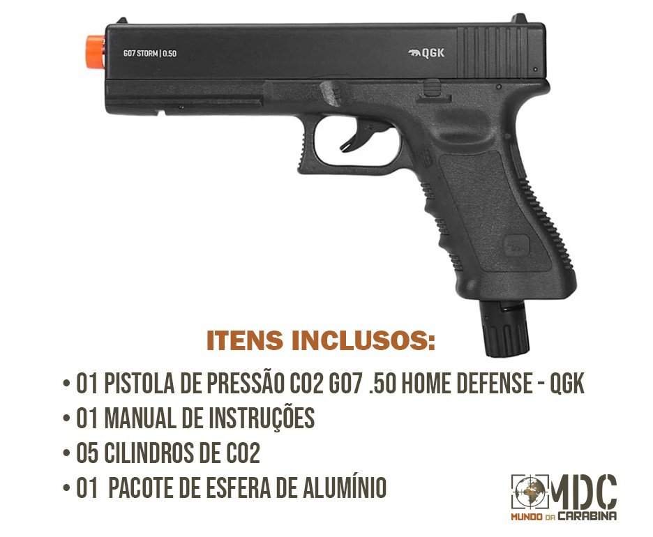 Pistola de Pressão CO2 Glock G07 .50 Home Defense HDP LDL 22 Joules - QGK + CO2 + Munição