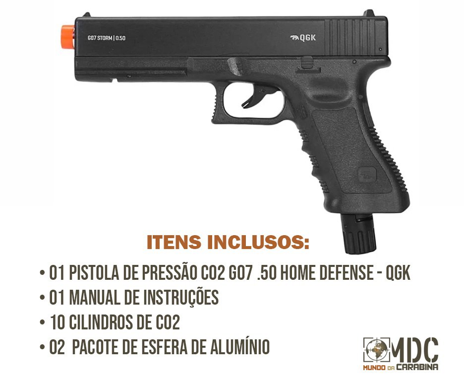 Pistola de Pressão CO2 Glock G07 .50 Home Defense HDP LDL 22 Joules - QGK + 10 Co2 + Munição