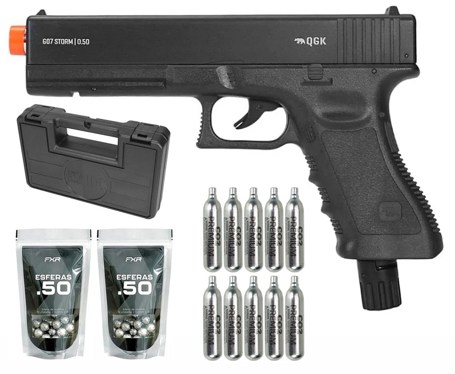 Pistola de Pressão CO2 Glock G07 .50 Home Defense HDP LDL 22 Joules - QGK + Co2 + Munição + Case