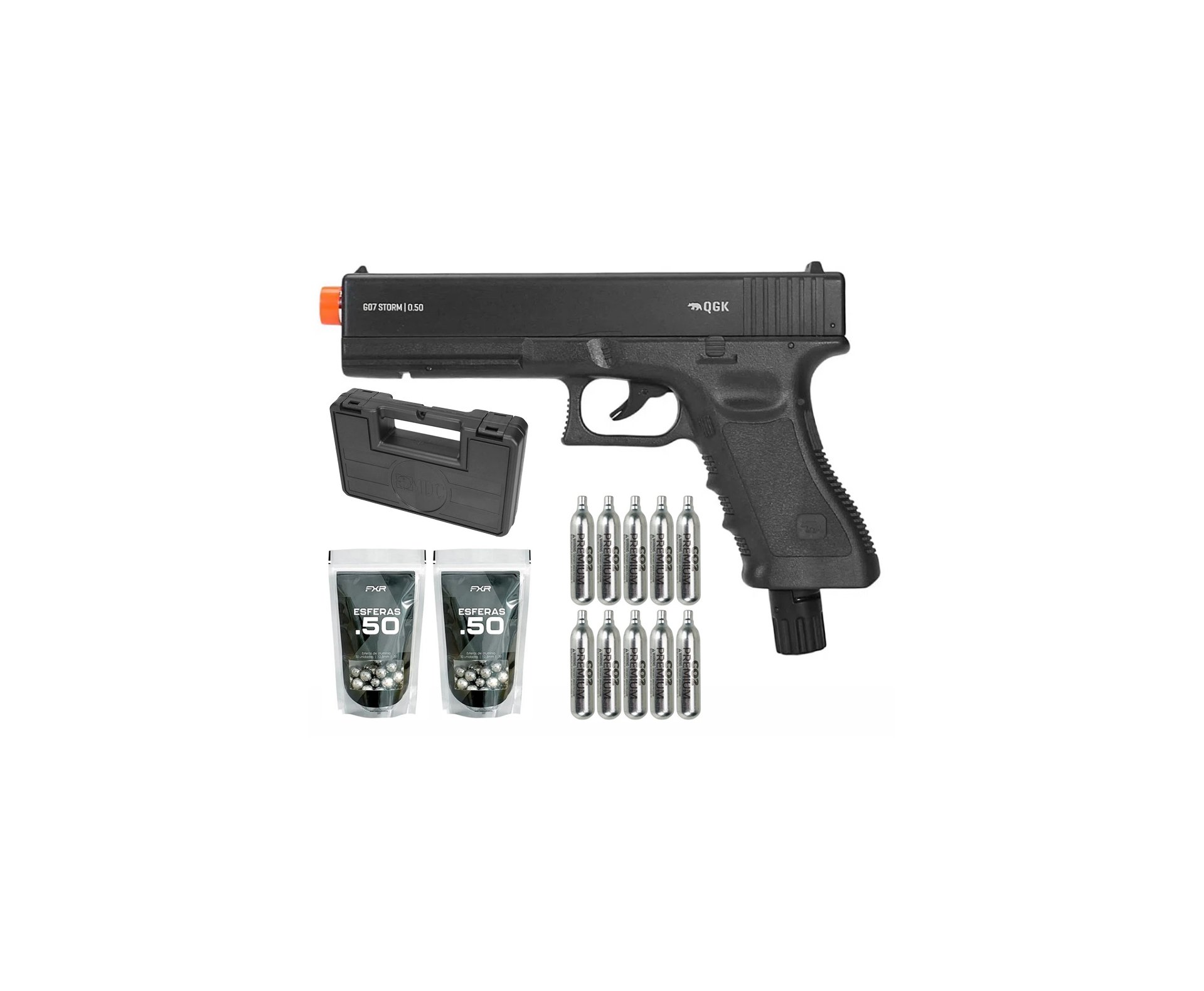 Pistola de Pressão CO2 Glock G07 .50 Home Defense HDP LDL 22 Joules - QGK + Co2 + Munição + Case